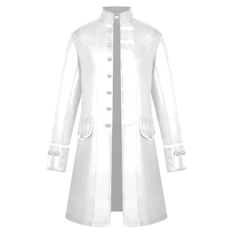 Men's fitted brocade coat in military style with stand-up collar and decorative cord.
