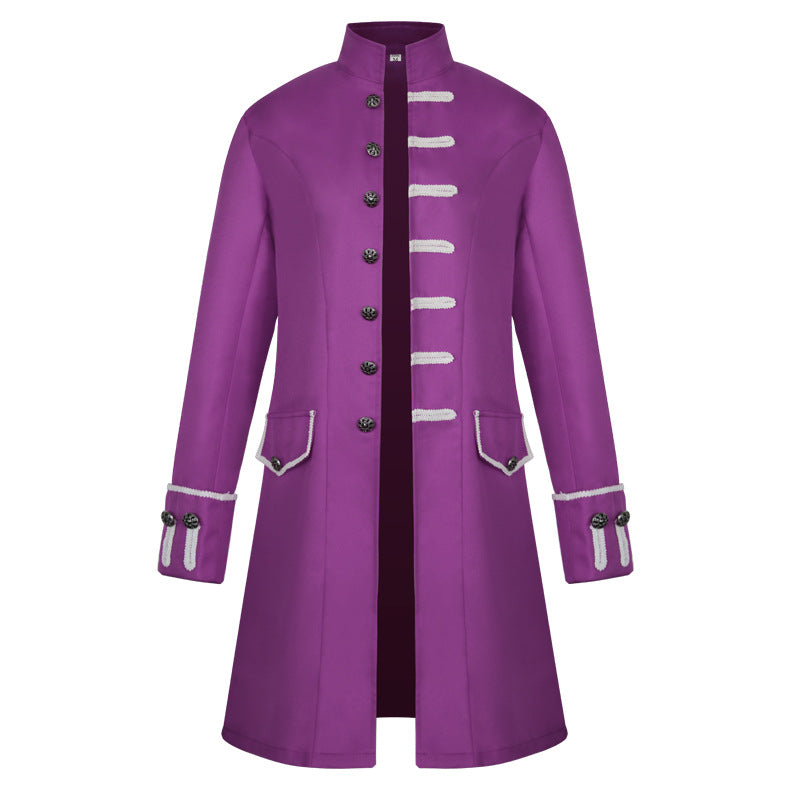 Men's fitted brocade coat in military style with stand-up collar and decorative cord.
