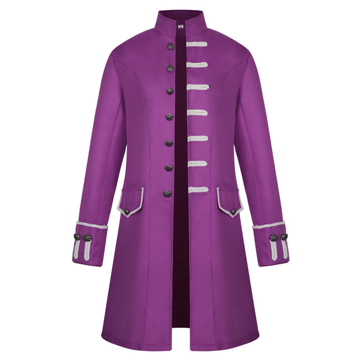 Men's fitted brocade coat in military style with stand-up collar and decorative cord.
