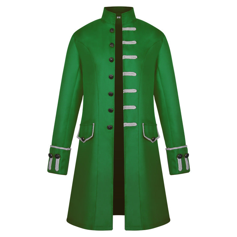 Men's fitted brocade coat in military style with stand-up collar and decorative cord.