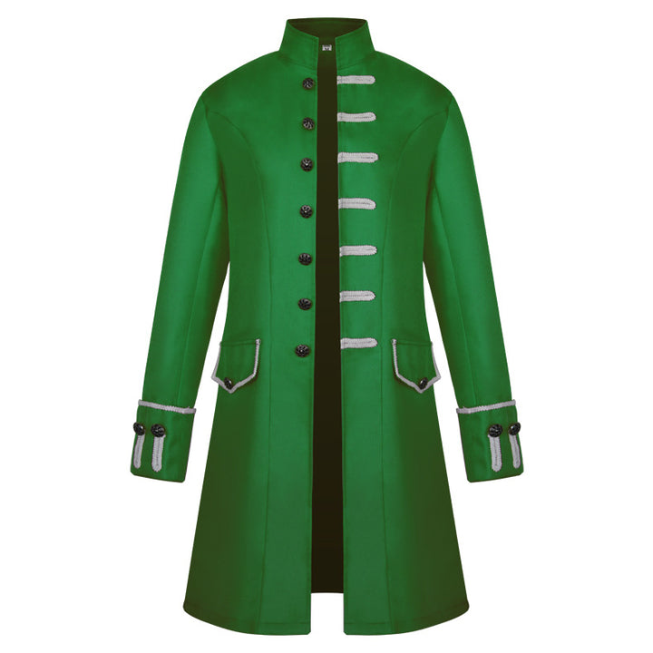 Men's fitted brocade coat in military style with stand-up collar and decorative cord.
