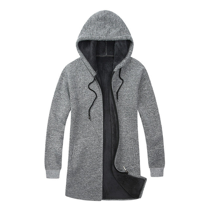 Men's Long Hooded Knit Cardigan with warming Teddy fleece lining, drawstring and patch pockets Mune Fashion