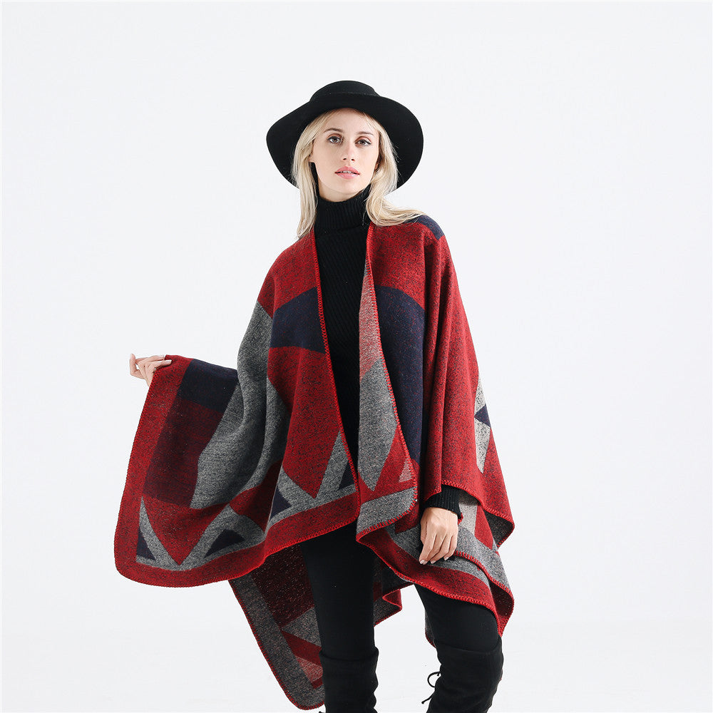 Women's oversized ruana made of wool blend with geometric intarsia and open kimono fall Mune Fashion