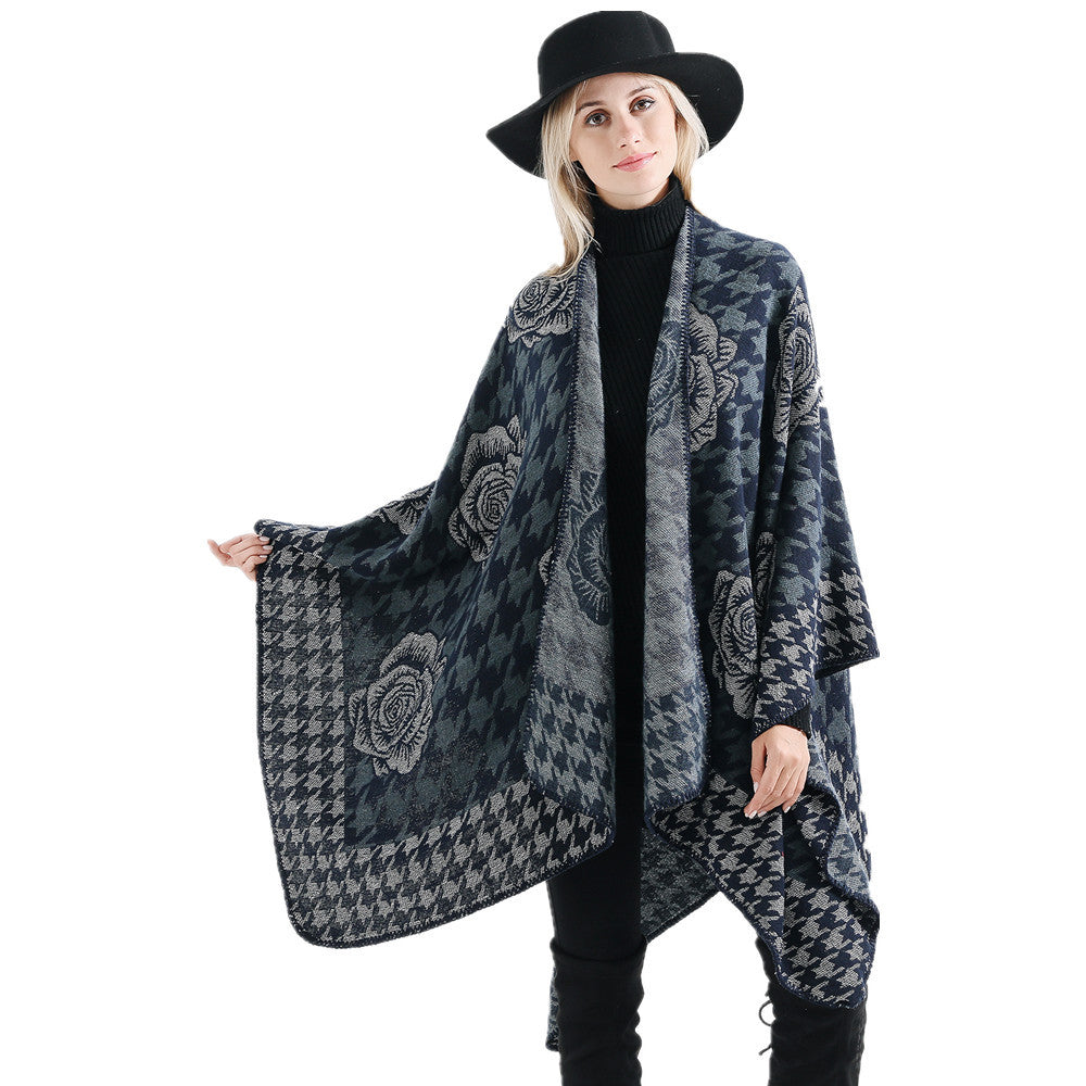 Women's Jacquard Ruana with Houndstooth and Rose Motif Mune Fashion