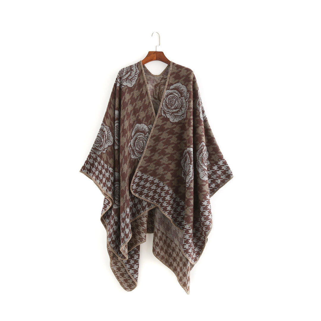 Women's Jacquard Ruana with Houndstooth and Rose Motif Mune Fashion