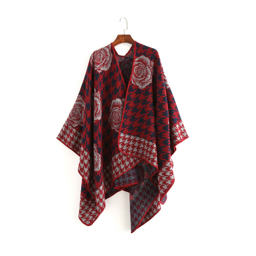 Women's Jacquard Ruana with Houndstooth and Rose Motif Mune Fashion