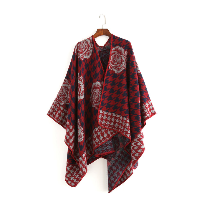 Women's Jacquard Ruana with Houndstooth and Rose Motif Mune Fashion