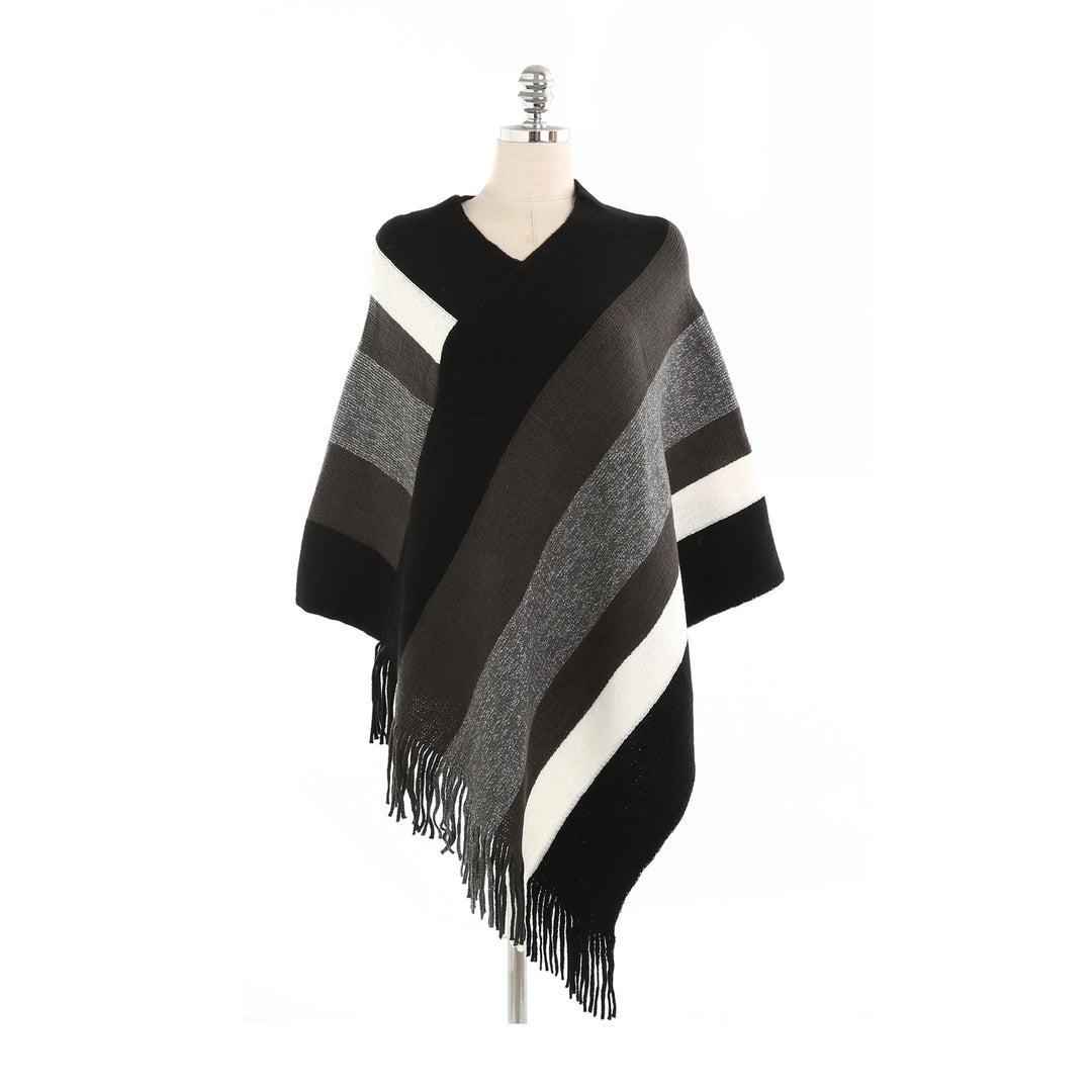 Women's Oversized Knit Ruana with Fringe Hem and Diagonal Block Stripe Look Mune Fashion