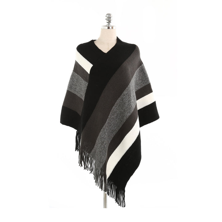 Women's Oversized Knit Ruana with Fringe Hem and Diagonal Block Stripe Look Mune Fashion