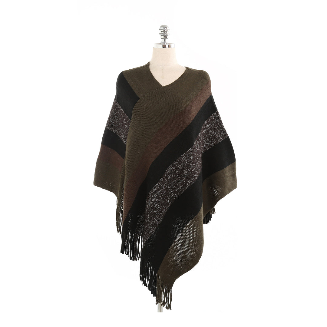Women's Oversized Knit Ruana with Fringe Hem and Diagonal Block Stripe Look Mune Fashion
