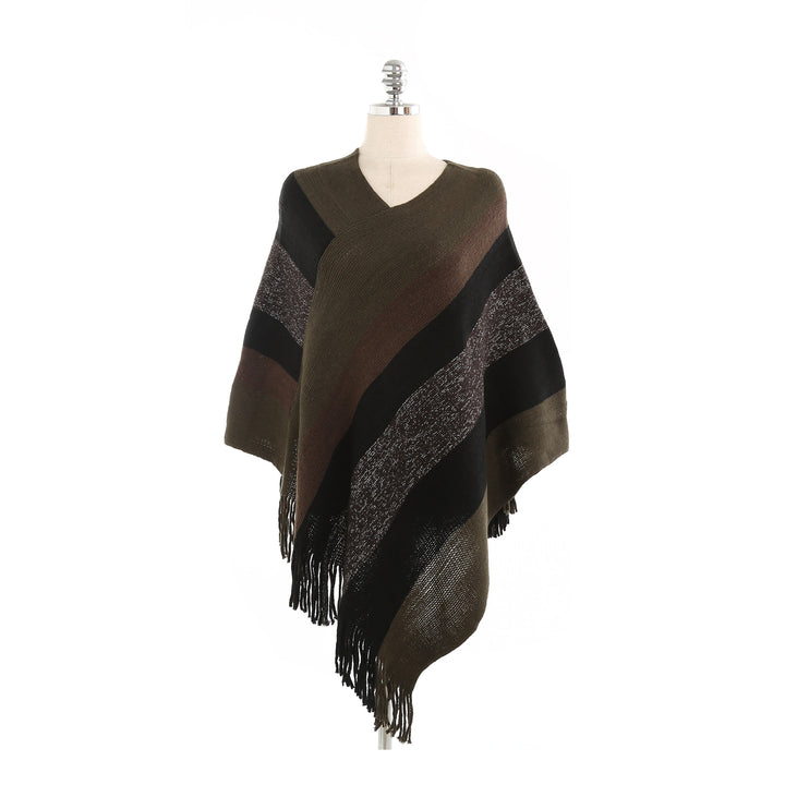 Women's Oversized Knit Ruana with Fringe Hem and Diagonal Block Stripe Look Mune Fashion