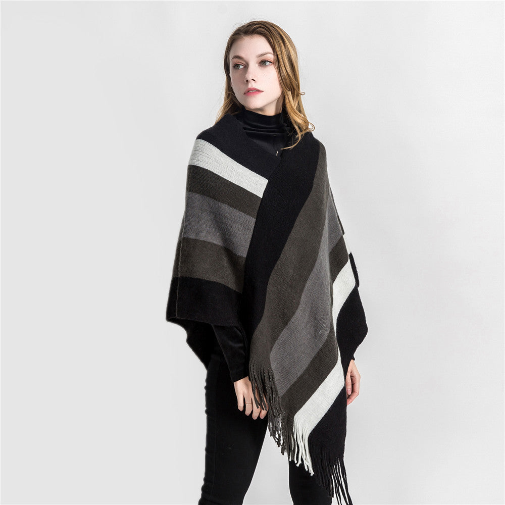 Women's Oversized Knit Ruana with Fringe Hem and Diagonal Block Stripe Look Mune Fashion