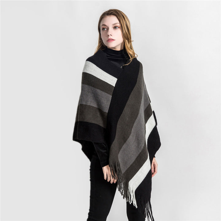 Women's Oversized Knit Ruana with Fringe Hem and Diagonal Block Stripe Look Mune Fashion