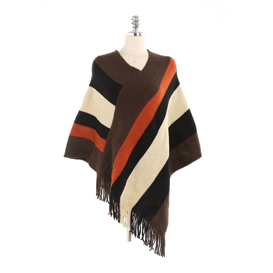 Women's Oversized Knit Ruana with Fringe Hem and Diagonal Block Stripe Look Mune Fashion