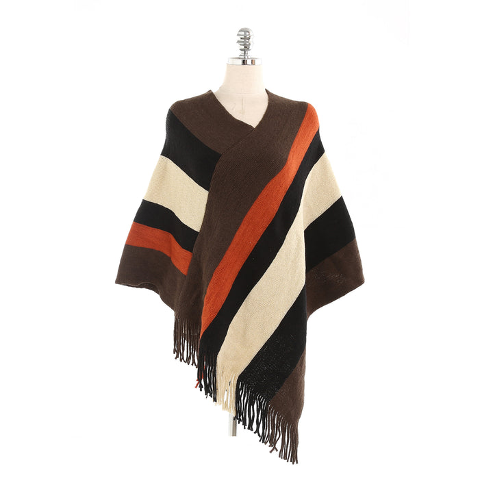 Women's Oversized Knit Ruana with Fringe Hem and Diagonal Block Stripe Look Mune Fashion