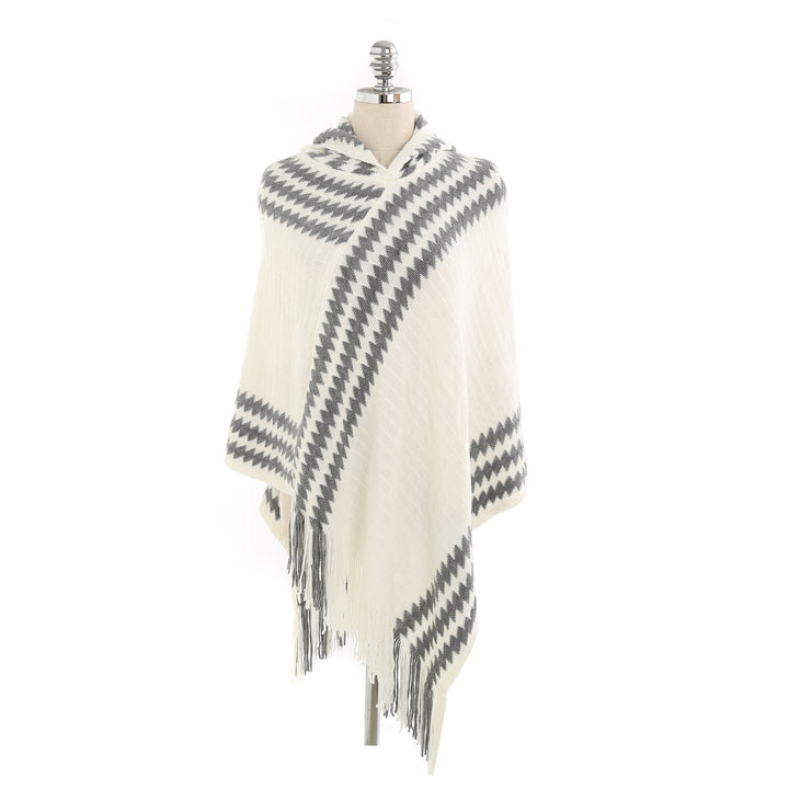 Women's Hooded Poncho made of Fine Knit with Houndstooth Jacquard and Fringed Hem Mune Fashion