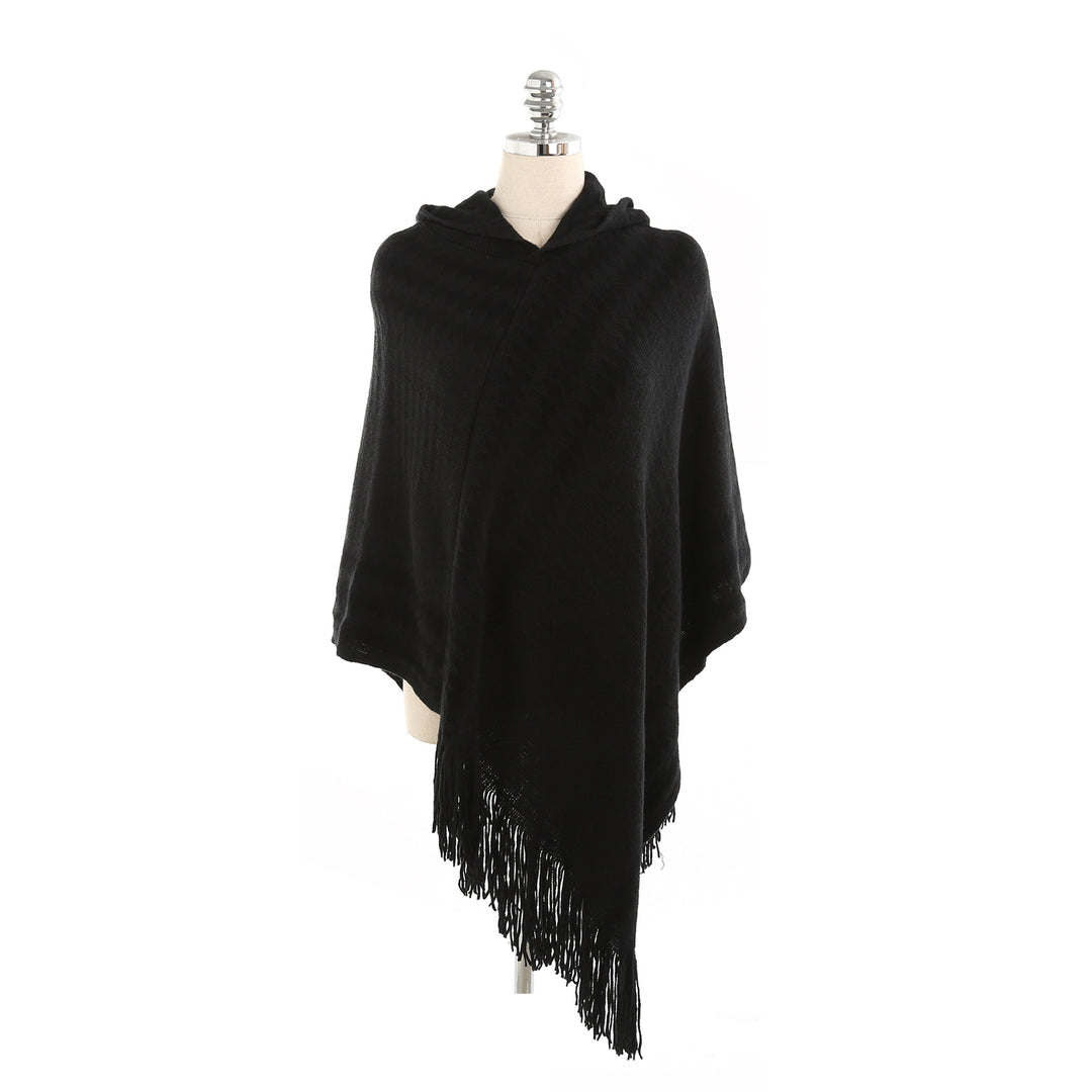Women's Hooded Poncho made of Fine Knit with Houndstooth Jacquard and Fringed Hem Mune Fashion