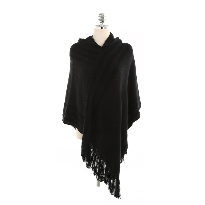 Women's Hooded Poncho made of Fine Knit with Houndstooth Jacquard and Fringed Hem Mune Fashion
