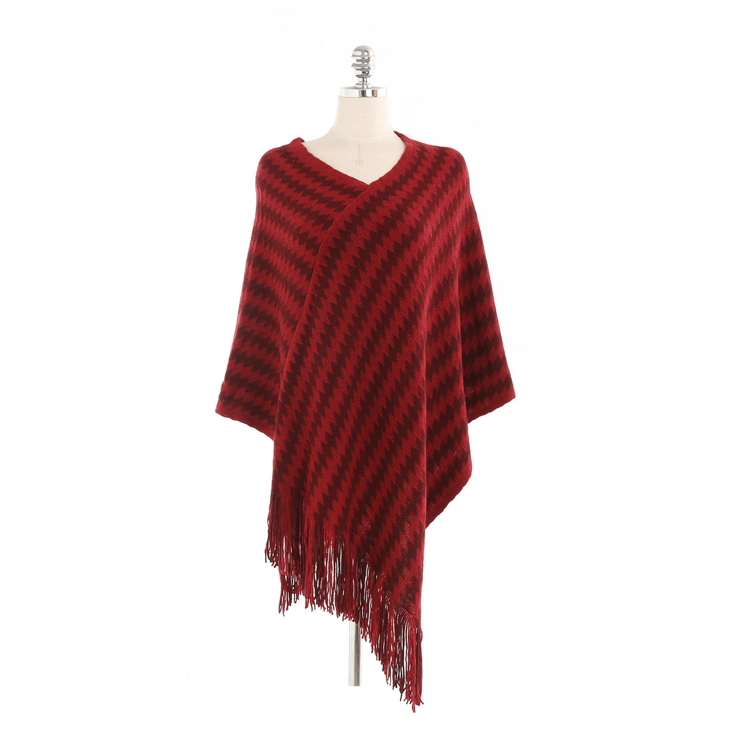 Women Cashmere-Touch Ruana-Poncho with Zigzag-Jacquard and Fringe Hem Mune Fashion