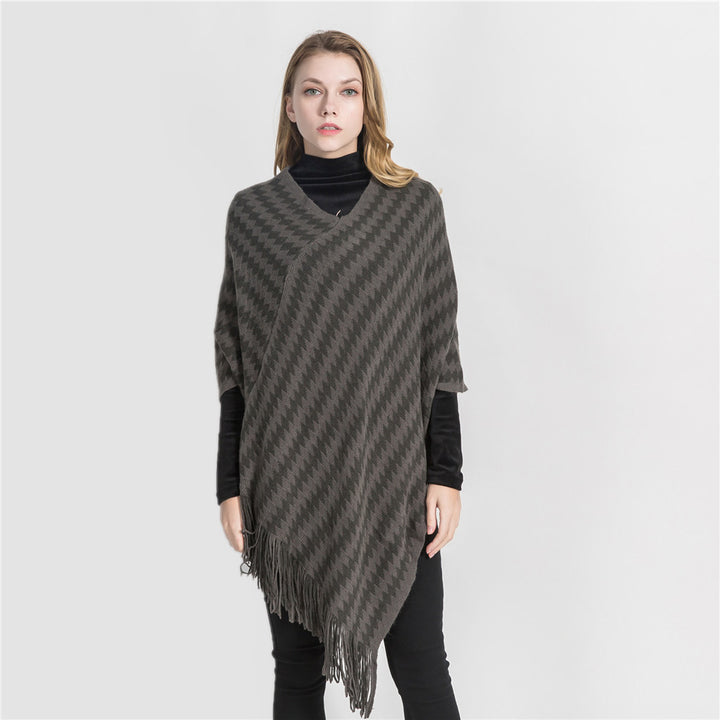 Women Cashmere-Touch Ruana-Poncho with Zigzag-Jacquard and Fringe Hem Mune Fashion