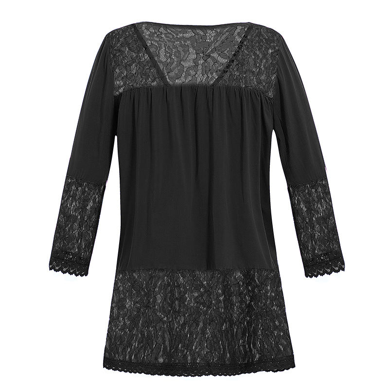 Women's Lace Nightdress with Button Placket, V-neck and Lace Trim Mune Fashion