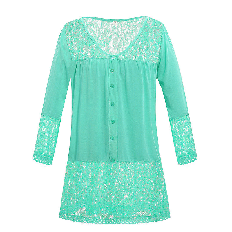 Women's Lace Nightdress with Button Placket, V-neck and Lace Trim Mune Fashion