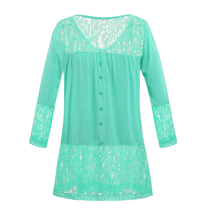 Women's Lace Nightdress with Button Placket, V-neck and Lace Trim Mune Fashion