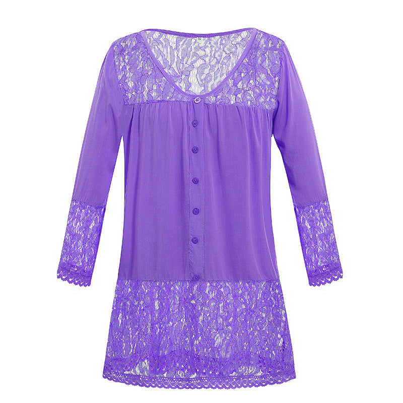 Women's Lace Nightdress with Button Placket, V-neck and Lace Trim Mune Fashion
