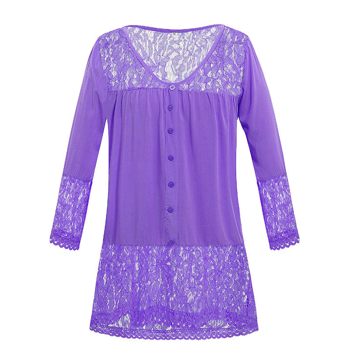 Women's Lace Nightdress with Button Placket, V-neck and Lace Trim Mune Fashion