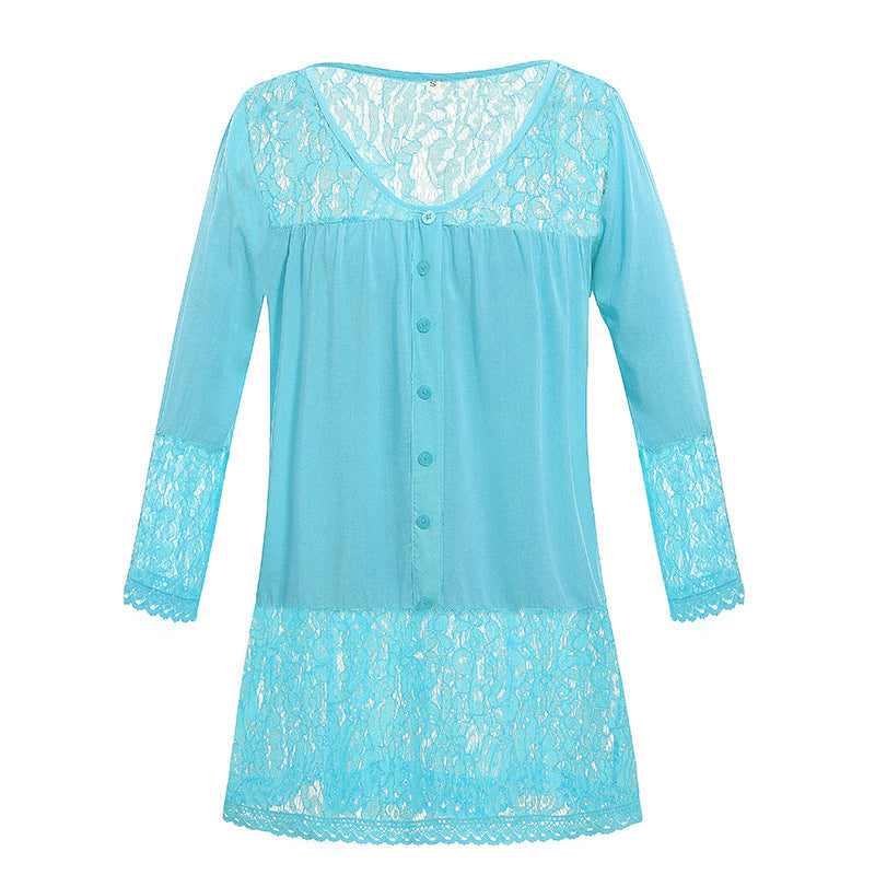 Women's Lace Nightdress with Button Placket, V-neck and Lace Trim Mune Fashion