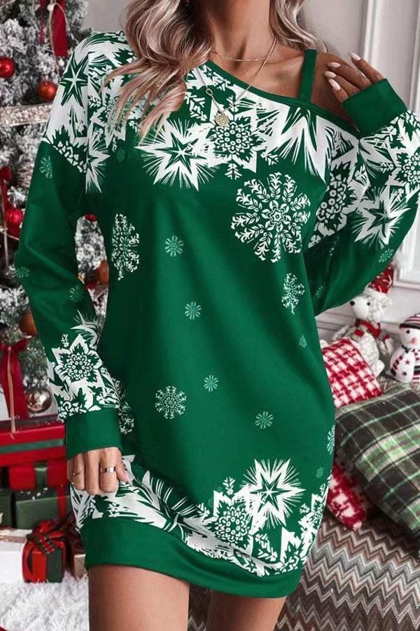 Mune | Christmas Snowflake Cold Shoulder Loose Sweatshirt Mini Dress