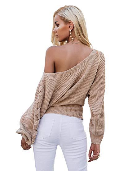 Damen Off-Shoulder Grobstrickpullover mit Zopfärmeln Drune
