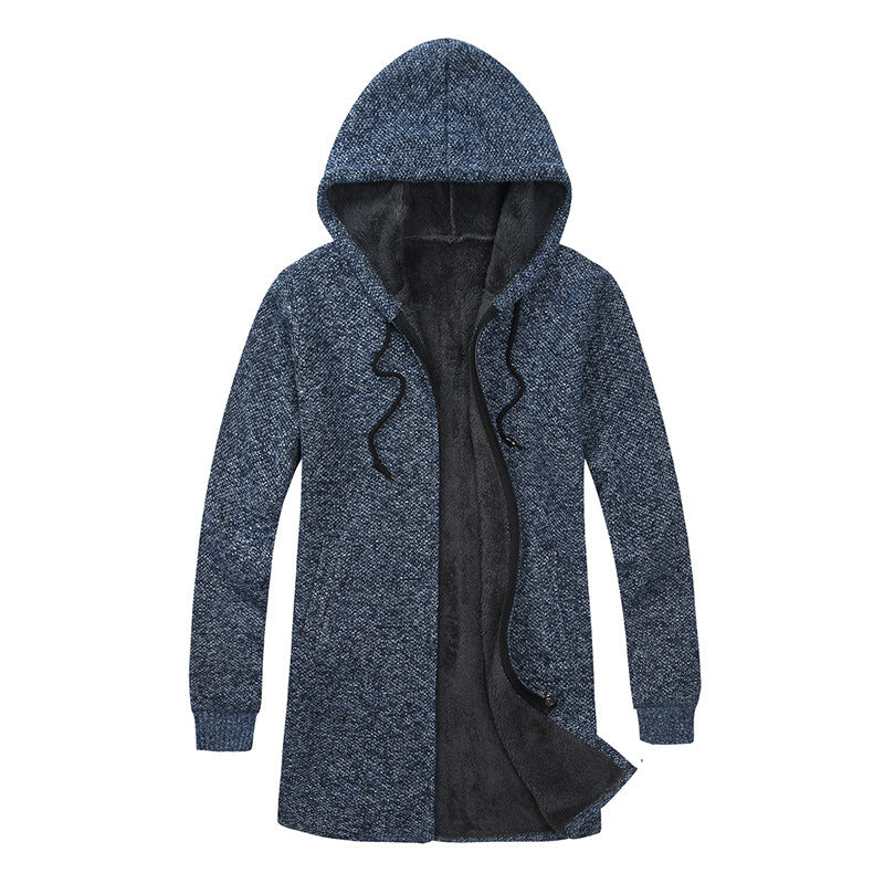 Men's Long Hooded Knit Cardigan with warming Teddy fleece lining, drawstring and patch pockets Mune Fashion