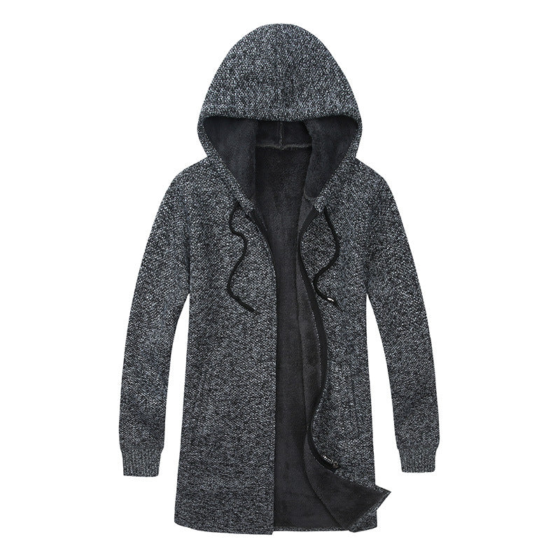 Men's Long Hooded Knit Cardigan with warming Teddy fleece lining, drawstring and patch pockets Mune Fashion