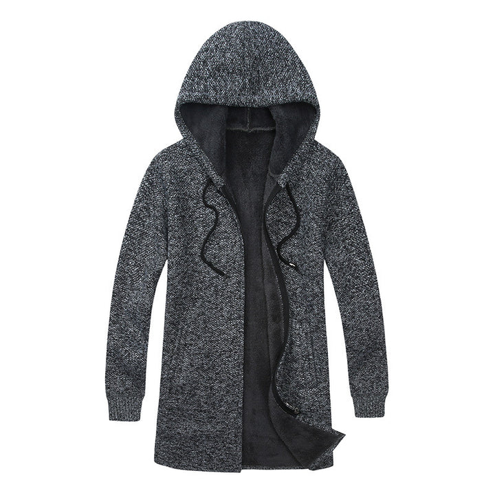 Men's Long Hooded Knit Cardigan with warming Teddy fleece lining, drawstring and patch pockets Mune Fashion