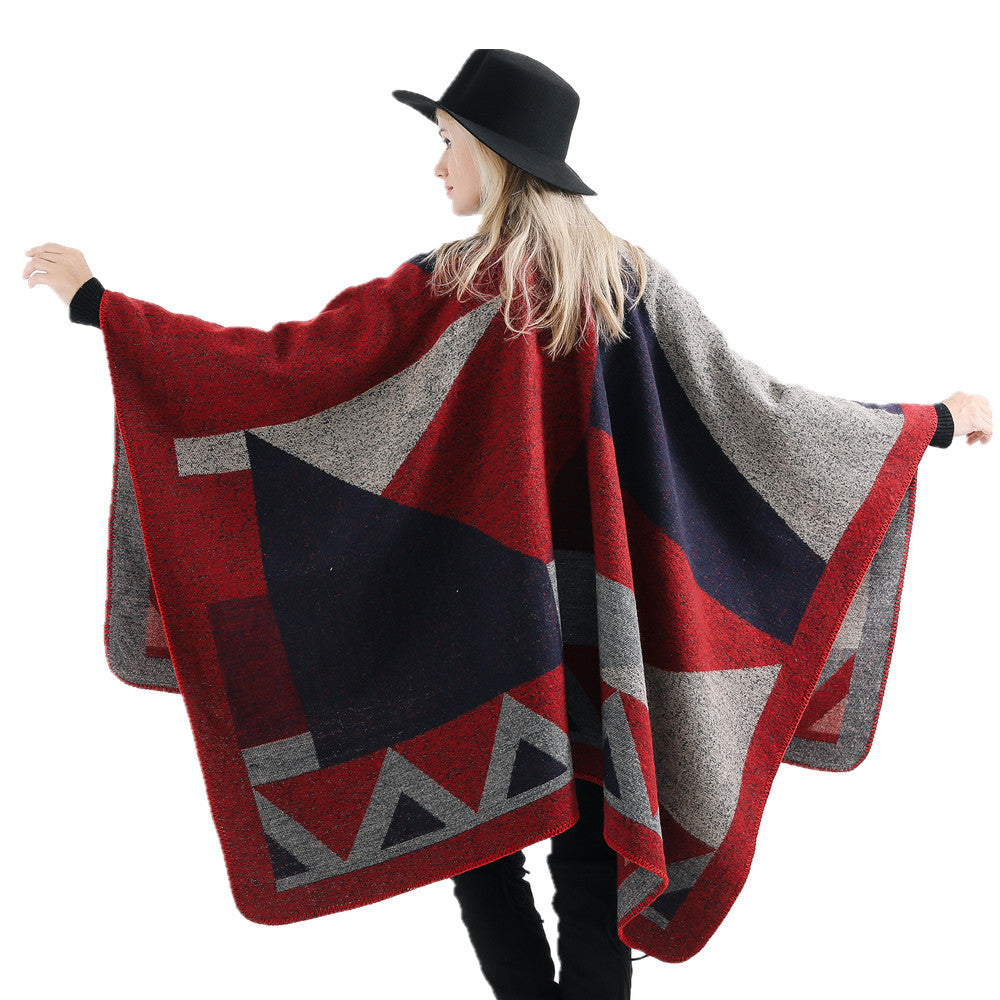 Women's oversized ruana made of wool blend with geometric intarsia and open kimono fall Mune Fashion