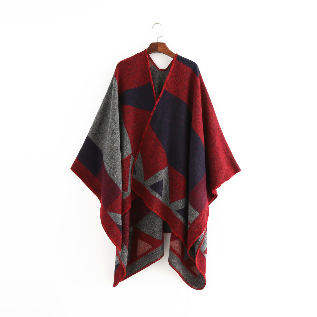Women's oversized ruana made of wool blend with geometric intarsia and open kimono fall Mune Fashion