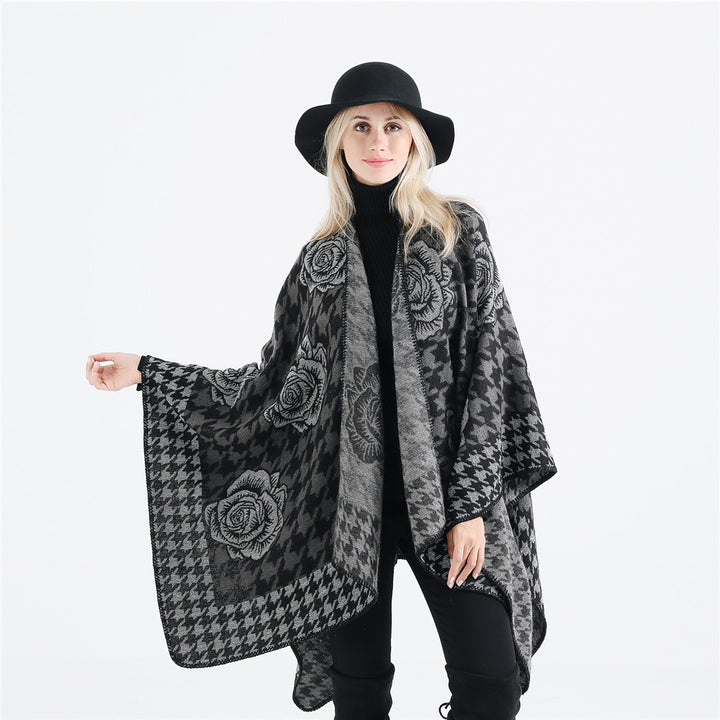 Women's Jacquard Ruana with Houndstooth and Rose Motif Mune Fashion