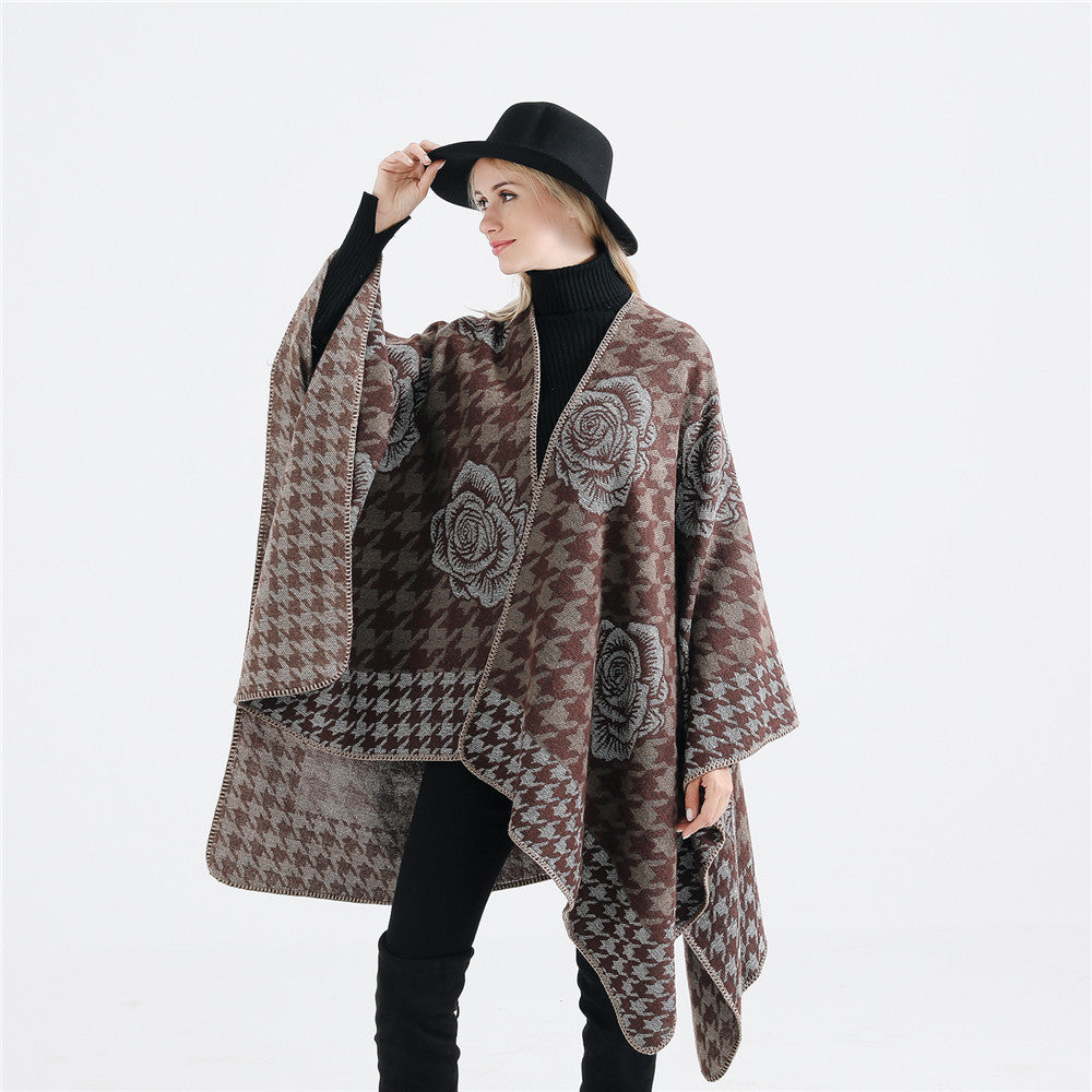 Women's Jacquard Ruana with Houndstooth and Rose Motif Mune Fashion