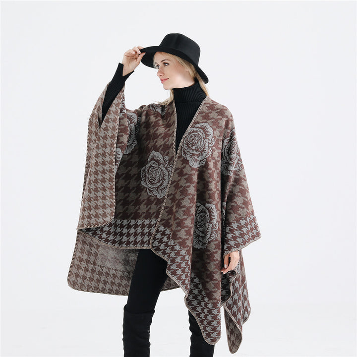 Women's Jacquard Ruana with Houndstooth and Rose Motif Mune Fashion