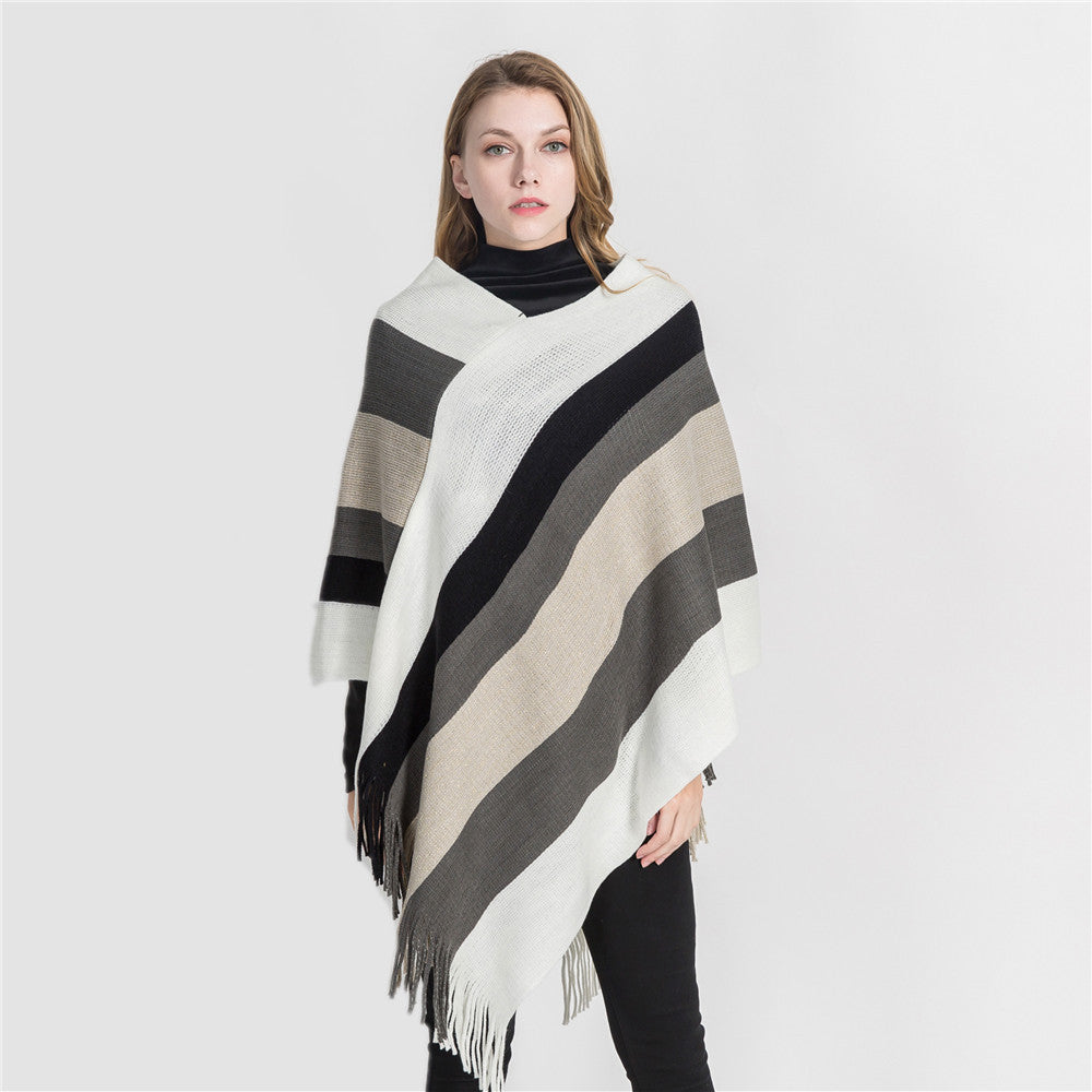 Women's Oversized Knit Ruana with Fringe Hem and Diagonal Block Stripe Look Mune Fashion