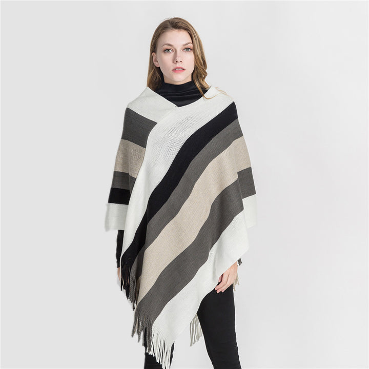 Women's Oversized Knit Ruana with Fringe Hem and Diagonal Block Stripe Look Mune Fashion