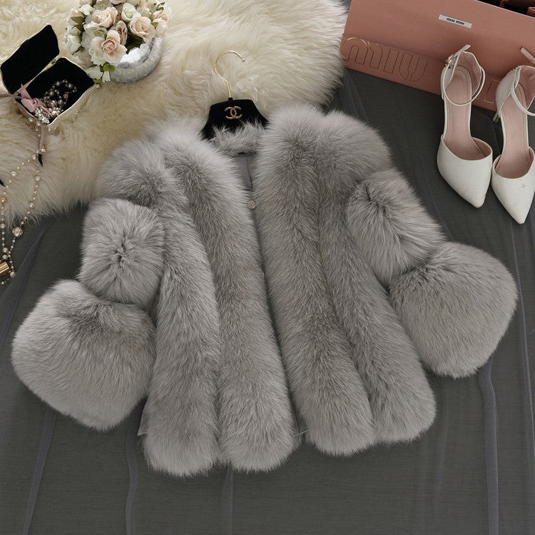 Women Fluffy Faux Fur Coat with Wide Cut Sleeves Mune