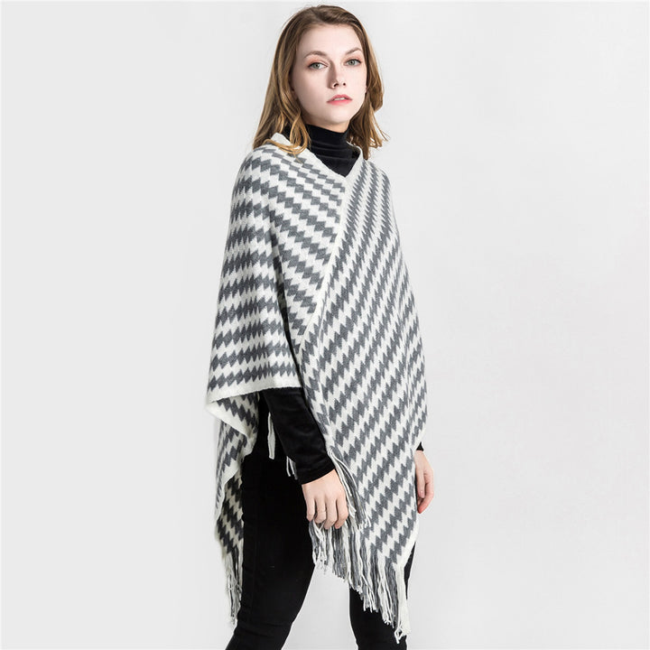 Women Cashmere-Touch Ruana-Poncho with Zigzag-Jacquard and Fringe Hem Mune Fashion