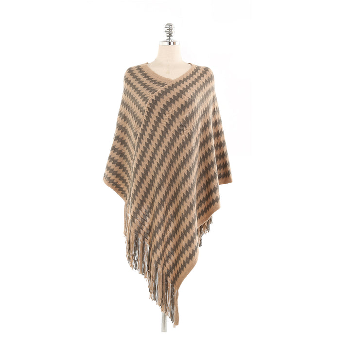 Women Cashmere-Touch Ruana-Poncho with Zigzag-Jacquard and Fringe Hem Mune Fashion