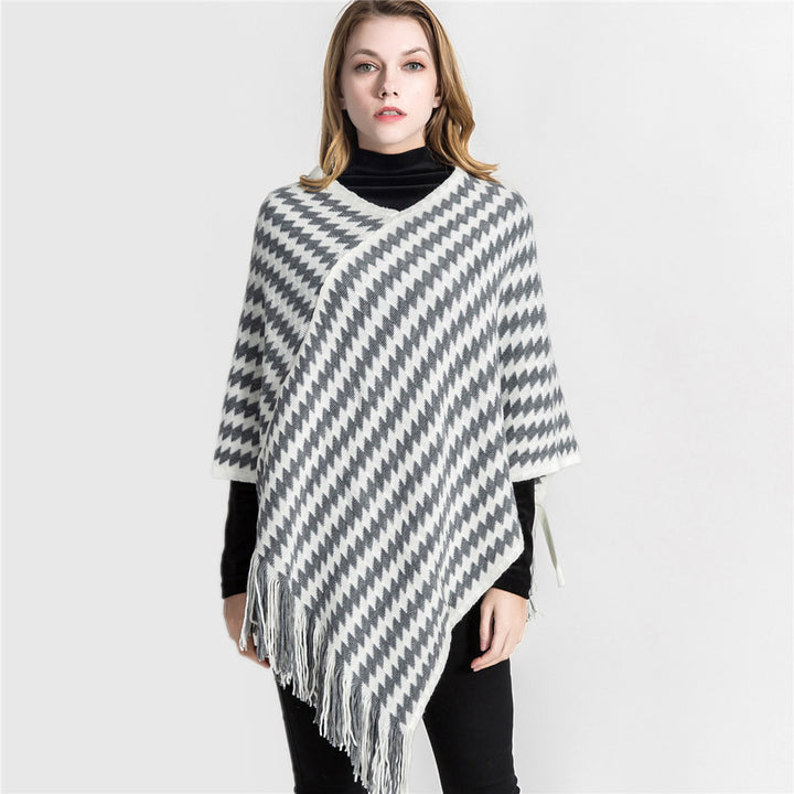 Women Cashmere-Touch Ruana-Poncho with Zigzag-Jacquard and Fringe Hem Mune Fashion