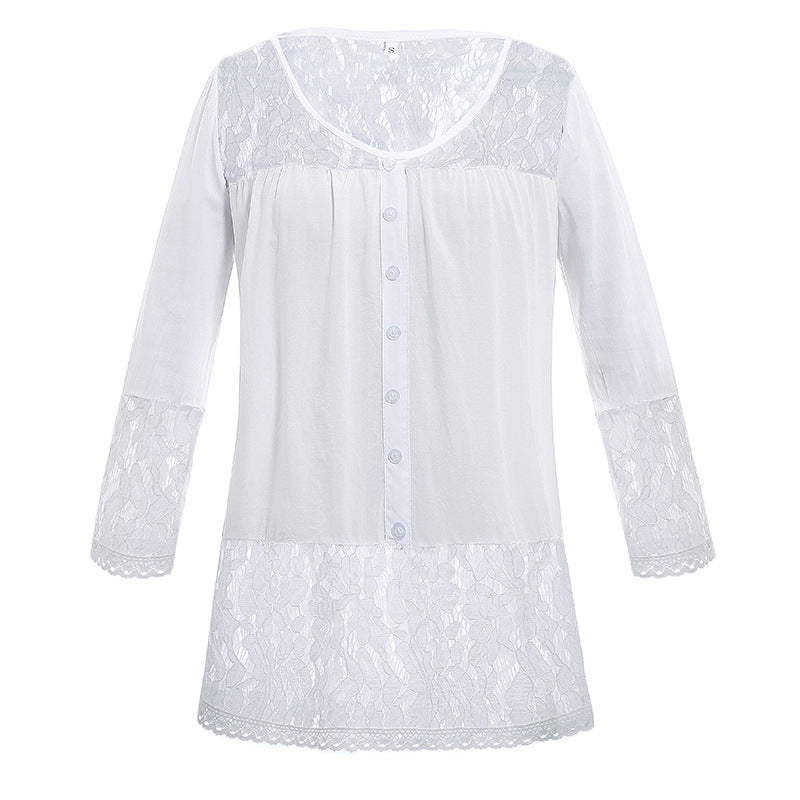 Women's Lace Nightdress with Button Placket, V-neck and Lace Trim Mune Fashion