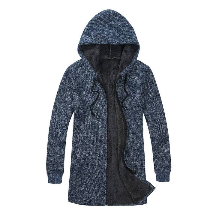 Men's Long Hooded Knit Cardigan with warming Teddy fleece lining, drawstring and patch pockets Mune Fashion