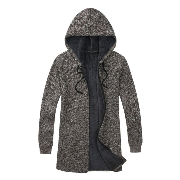 Men's Long Hooded Knit Cardigan with warming Teddy fleece lining, drawstring and patch pockets Mune Fashion