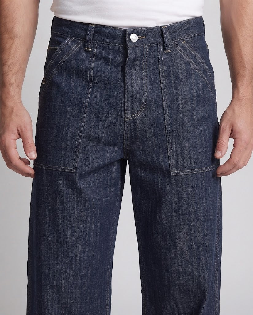 Men's denim palazzo pants in ultra-wide baggy cut with visible decorative seams and mounted front pockets Mune Fashion